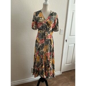 Sunday Mi Amor Tropical Leaf Midi Dress Size M Button Front Tassel Tie Rayon